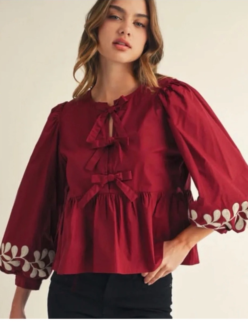 JODIFL Burgundy Peasant Tunic with White Leaf Embroidery